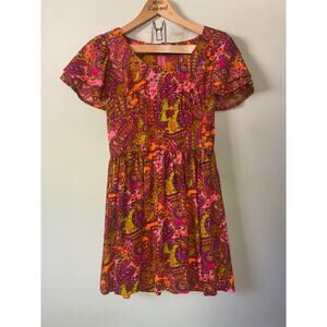 Vintage colorful 70s mini dress XS paisley flutter sleeve psychedelic groovy zip